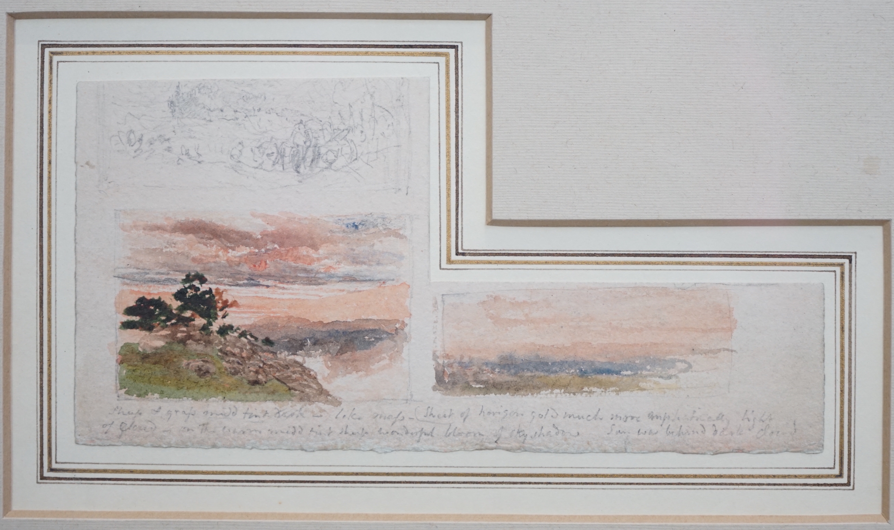 Samuel Palmer (English, 1805-1881), A landscape at sunset; a cloud study; a landscape, pencil and watercolour, 9.5 x 19cm